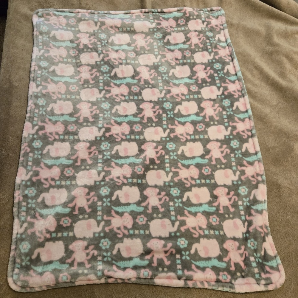 Okie Dokie Pink Aqua Green Grey Elephant Monkey Alligator Safari Baby Blanket